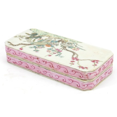 46 - Chinese porcelain scribe's box and cover hand painted in the famille rose palette with flowers and c... 