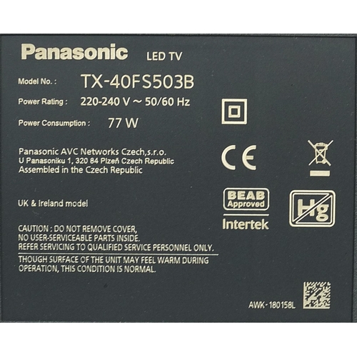 1702 - Panasonic 40 inch LED TV with remote, model TX-40FS503B