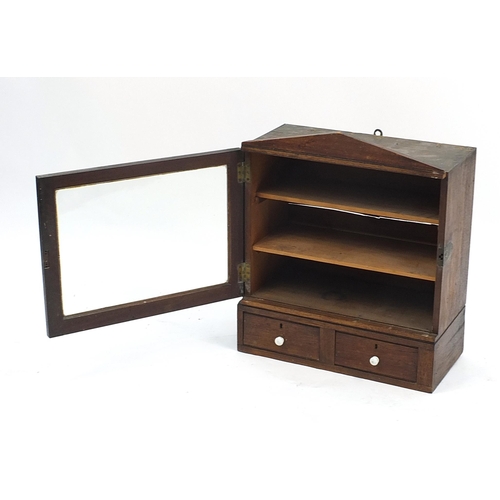 659 - Mahogany wall cupboard with glazed door and two base drawers, 61cm H x 52cm W x 27cm D