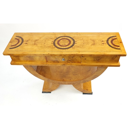 671 - Art Deco design walnut and bird's eye maple effect console table with frieze drawer, 85.5cm H x 121c... 