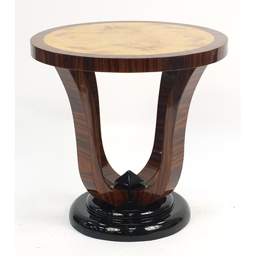 677 - Circular Art Deco design walnut and bird's eye maple effect occasional table, 58cm high x 59.5cm in ... 