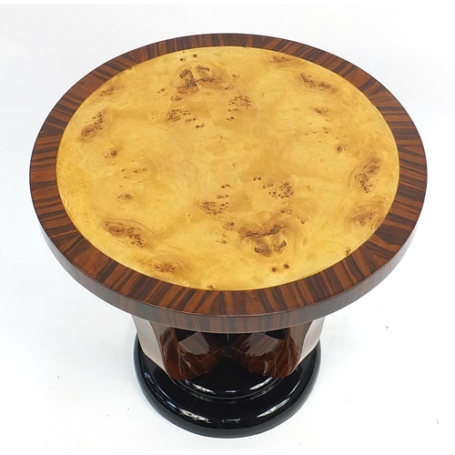 677 - Circular Art Deco design walnut and bird's eye maple effect occasional table, 58cm high x 59.5cm in ... 