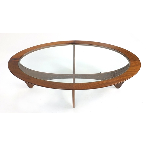 678 - G Plan, teak oval coffee table with glass top, 41.5cm H x 122cm W x 65cm D