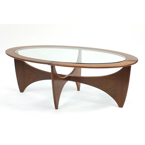 678 - G Plan, teak oval coffee table with glass top, 41.5cm H x 122cm W x 65cm D