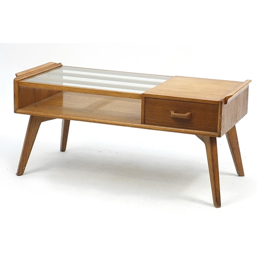 679 - G Plan E Gomme, 1950's Brandon teak coffee table with glass top and drawer, 41cm H x 89cm W x 40cm D