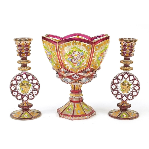 329 - Attributed to Moser, Bohemian ruby flashed glass three piece garniture comprising centre bowl and ca... 