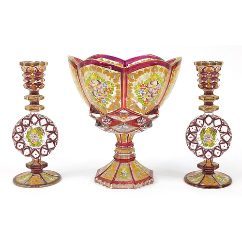 329 - Attributed to Moser, Bohemian ruby flashed glass three piece garniture comprising centre bowl and ca... 