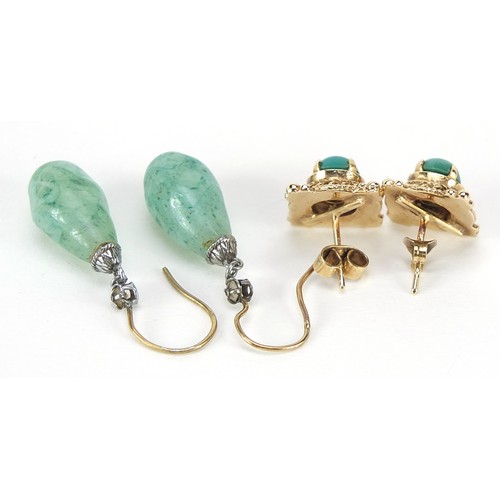 888 - Two pairs of earrings comprising a pair of 9ct gold turquoise studs and a pair of gold coloured meta... 