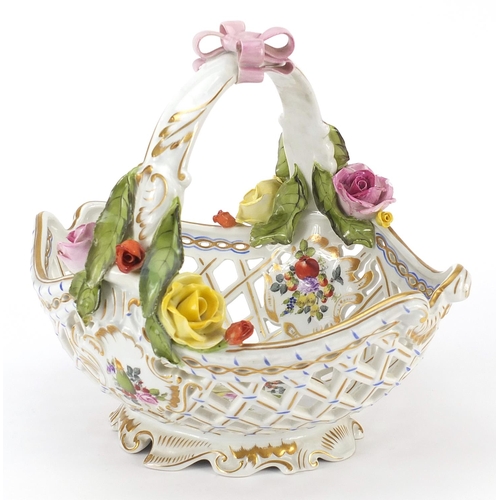 103 - Herend, Hungarian porcelain floral encrusted pierced basket hand painted with flowers and fruit, 28c... 