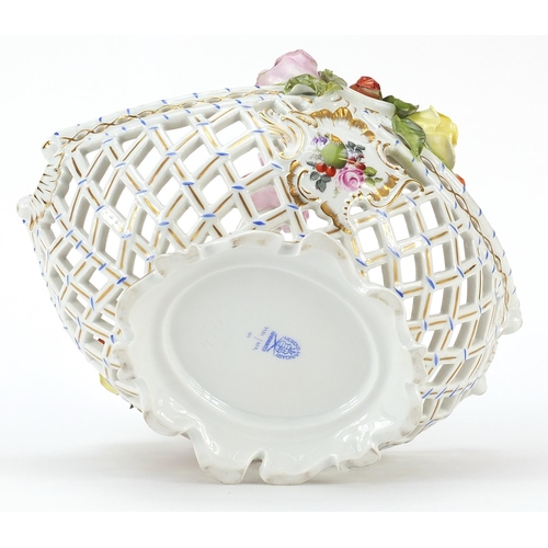 103 - Herend, Hungarian porcelain floral encrusted pierced basket hand painted with flowers and fruit, 28c... 