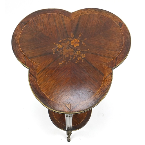 654 - 19th century rosewood club shaped two tier occasional table, each tier with floral inlay and brass m... 