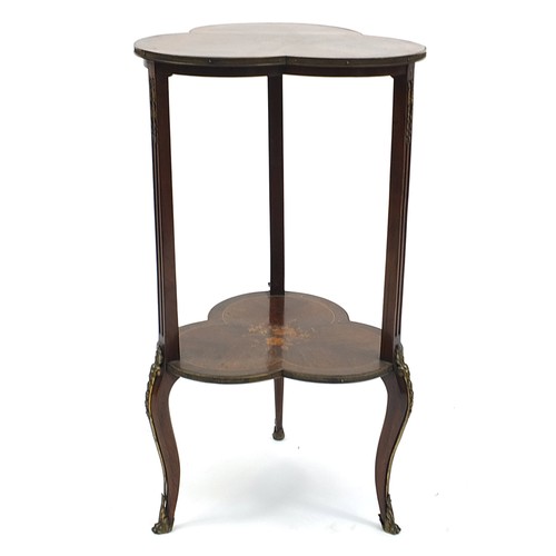 654 - 19th century rosewood club shaped two tier occasional table, each tier with floral inlay and brass m... 