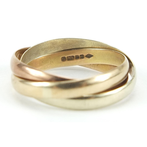 1006 - 9ct three tone gold triple wedding band, size R, 3.8g