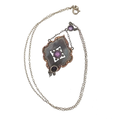 1015 - Art Nouveau 9ct gold and sterling silver amethyst necklace, 40cm in length, 4.9g