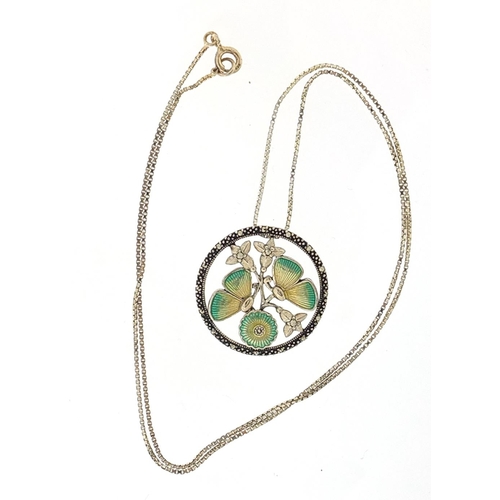 1024 - Silver marcasite and enamel flower pendant on a silver necklace, 2.4cm in diameter and 42cm in lengt... 