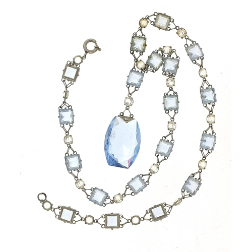 1060 - Art Deco platinon blue crystal necklace, 40cm in length, 19.0g