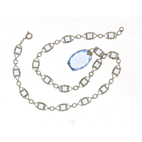 1060 - Art Deco platinon blue crystal necklace, 40cm in length, 19.0g