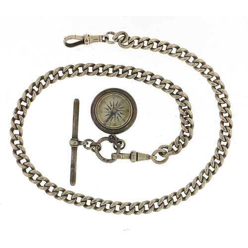 1129 - Silver watch chain with T-bar and a Victorian silver compass fob, 40cm in length, 57.4g