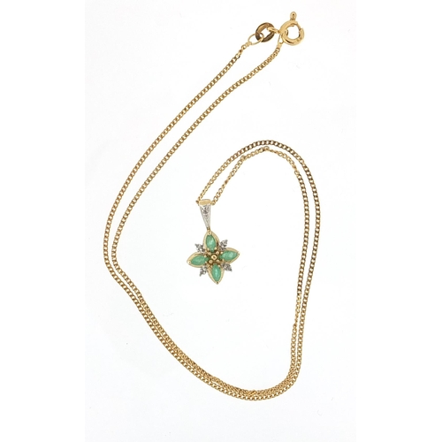 932 - 9ct gold emerald and diamond pendant on a 9ct gold necklace, 1.8cm high and 40cm in length, 2.7g