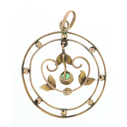 938 - Art Nouveau 9ct gold green stone and seed pearl pendant, 3cm high, 1.8g