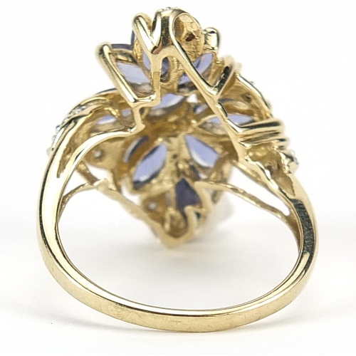 948 - 9ct gold iolite and diamond flower head ring, size P, 4.2g