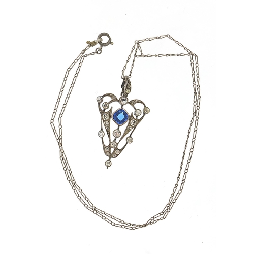 987 - Antique silver blue and clear paste pendant on a silver necklace, 4cm high and 46cm in length, 7.0g