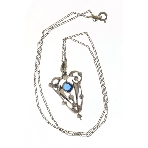 987 - Antique silver blue and clear paste pendant on a silver necklace, 4cm high and 46cm in length, 7.0g