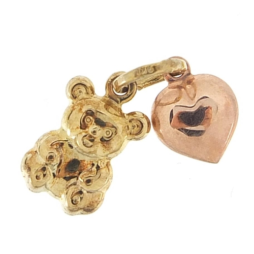 988 - 9ct gold teddy bear and love heart charm, 1.5cm high, 0.9g