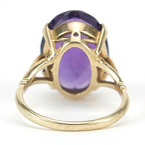 994 - 9ct gold amethyst ring, the amethyst 18mm x 13mm, size O, 5.2g