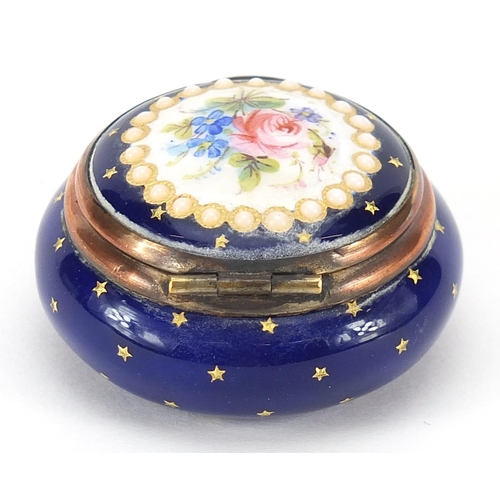 63 - Antique blue enamel jeweled pill box with hinged lid, 4cm in diameter