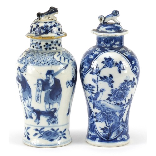 113 - Two Chinese blue and white porcelain baluster vases with covers, hand painted with birds amongst fol... 