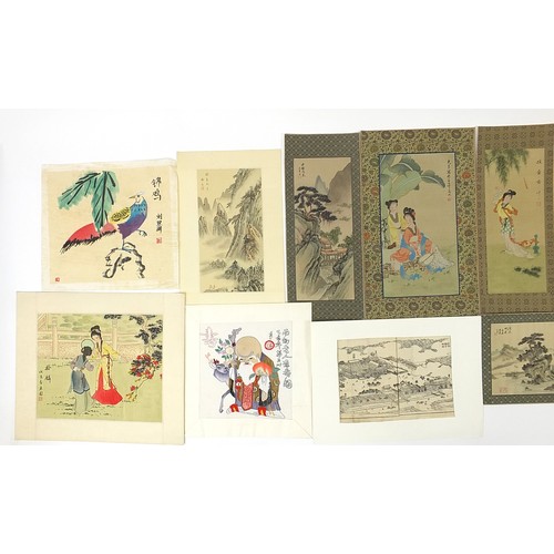 1714 - Large collection of Chinese watercolours, prints and embroideries of females and birds, some with ch... 