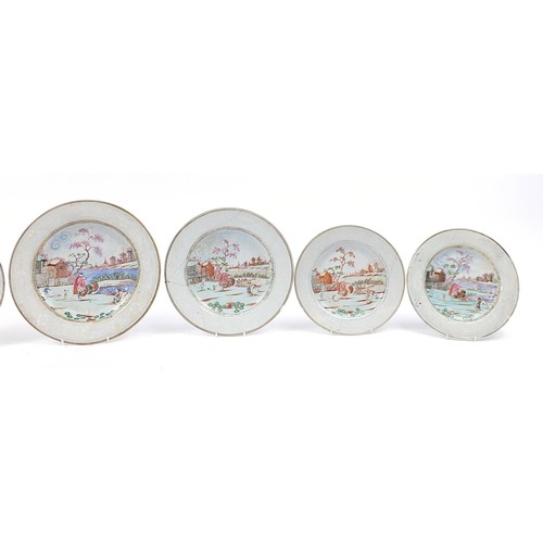 90 - Seven Chinese porcelain plates hand painted with figures in landscapes, the largest 29cm in diameter