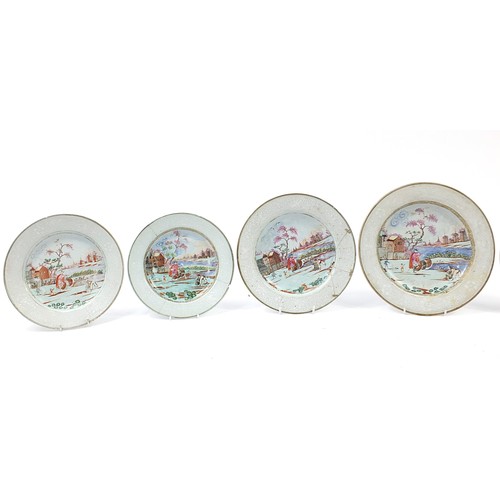 90 - Seven Chinese porcelain plates hand painted with figures in landscapes, the largest 29cm in diameter