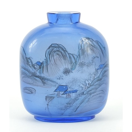 1345 - Chinese blue glass scent bottle internally hand painted with a fisherman before mountains, 8.5cm hig... 