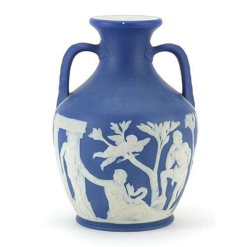 179A - Wedgwood blue and white Jasperware Portland vase, relief decorated with classical figures, 21cm high