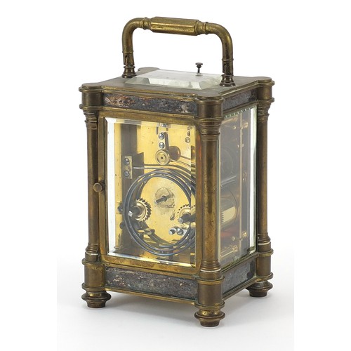 5 - Large 19th century silver plated and brass repeating carriage clock with enamelled dial having Roman... 