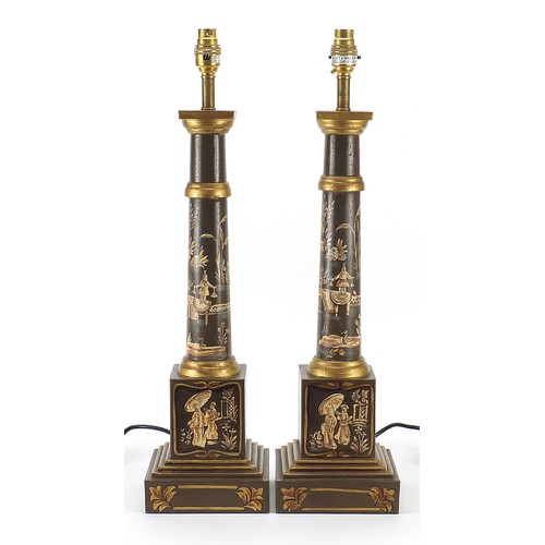32 - Pair of Regency design table lamps hand painted in the chinoiserie manner with figures, 59cm high