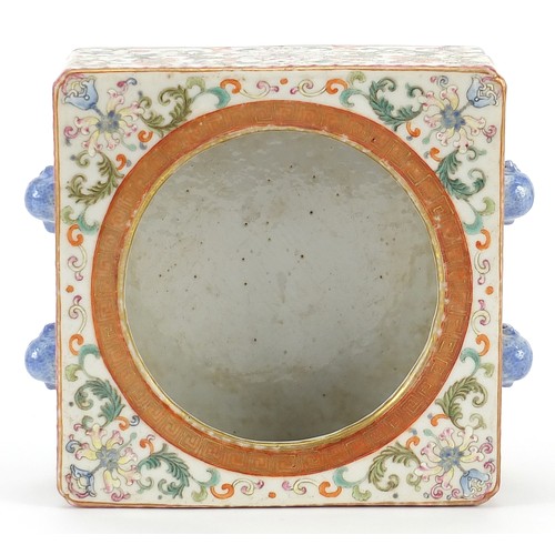 42 - Chinese porcelain square section brush washer with animalia handles, finely hand painted in the fami... 
