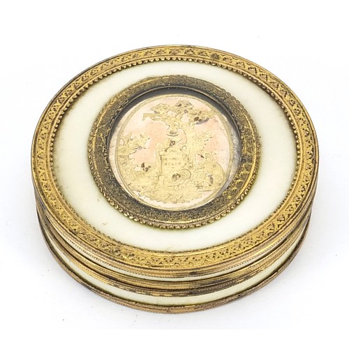 62 - 18th century French gold mounted ivory snuff box with lift off lid inset with an oval panel depictin... 