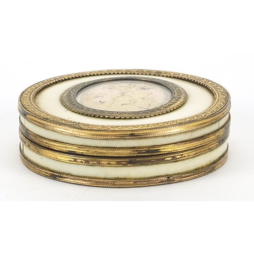 62 - 18th century French gold mounted ivory snuff box with lift off lid inset with an oval panel depictin... 