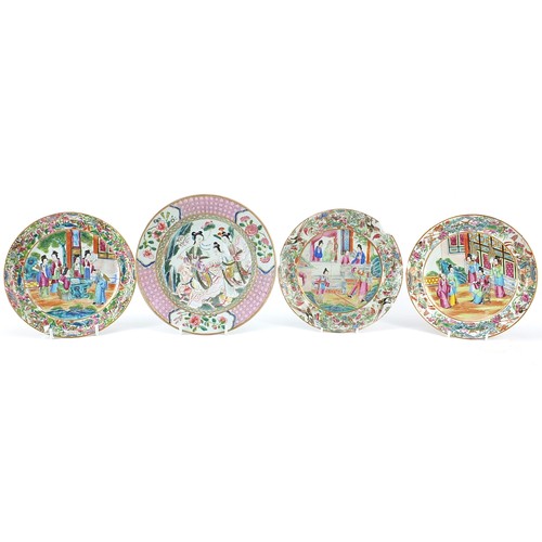 237 - Four Chinese porcelain famille rose plates including three Canton examples, each hand painted with f... 