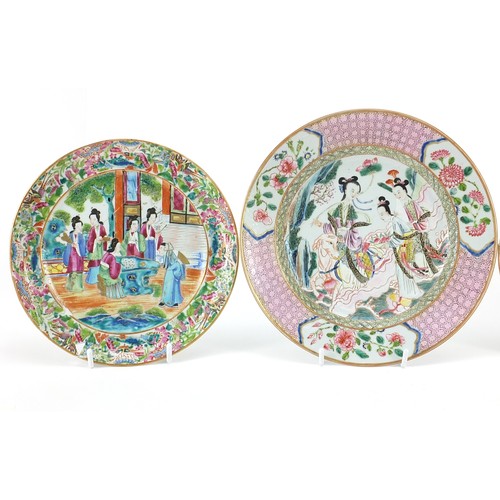 237 - Four Chinese porcelain famille rose plates including three Canton examples, each hand painted with f... 