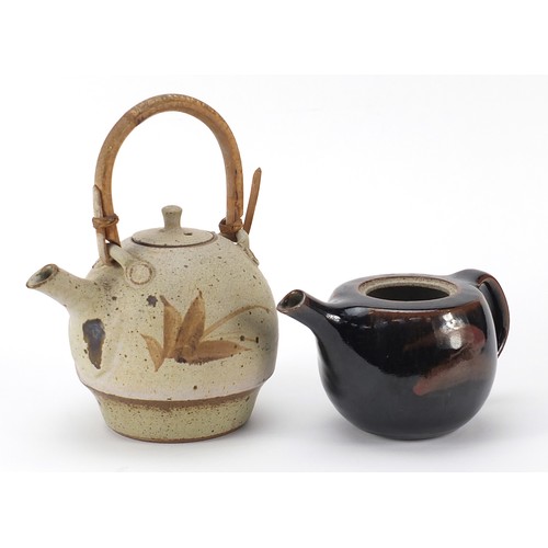 1191 - Studio pottery to include a teapot with bamboo handle  together with a Geoffrey Whiting booklet