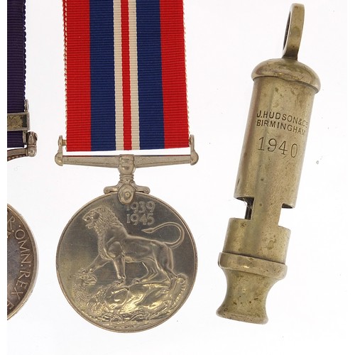 567 - British military World War II four medal group and a whistle, the medal group including a General Se... 