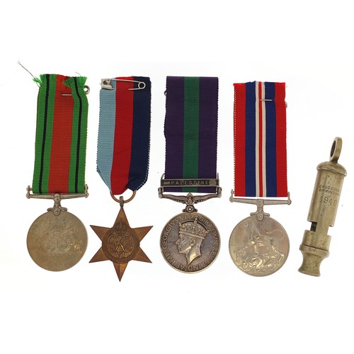 567 - British military World War II four medal group and a whistle, the medal group including a General Se... 