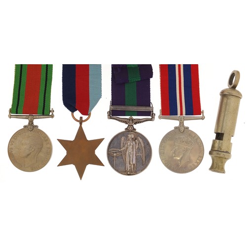 567 - British military World War II four medal group and a whistle, the medal group including a General Se... 