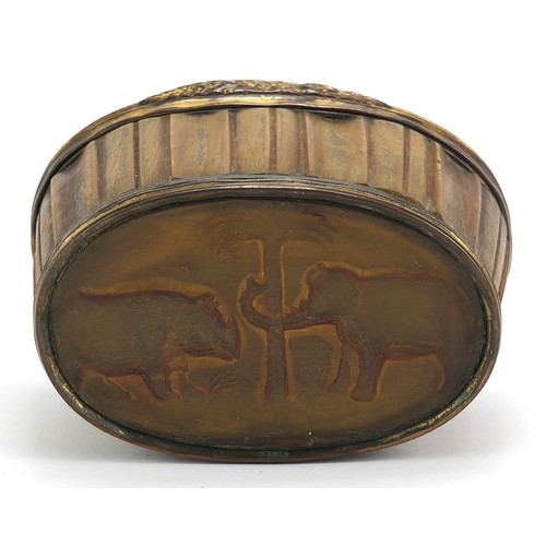 6 - 18th century rhinoceros horn snuff box with brass mounts carved with rhinoceroses and elephants, 8.5... 