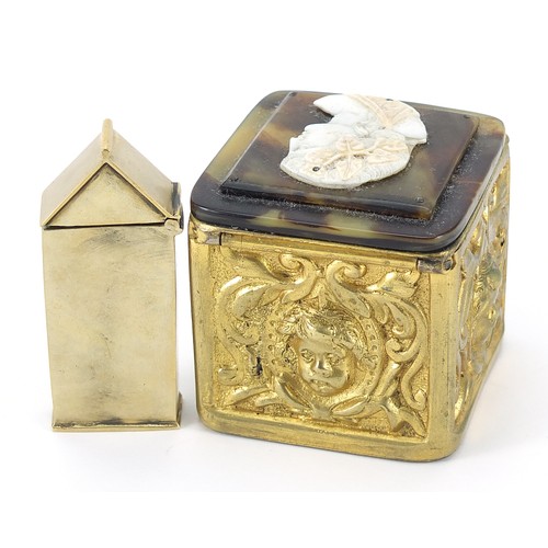 253 - Neo Classical design gilt metal box with hinged lid and a vesta case in the form of a sentry box, th... 