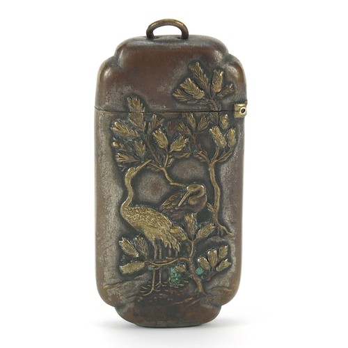 254 - Japanese bronzed vesta embossed with birds amongst trees, 6.5cm high